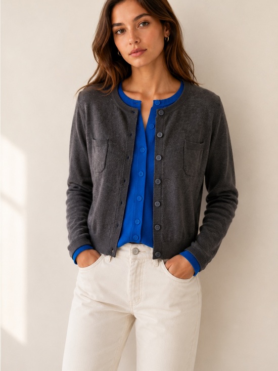 Affordable Fashion Finds Sweaters - Womens Gray Double Layer Knit Cardigan Button Front Long Sleeve Sweater M Preepy